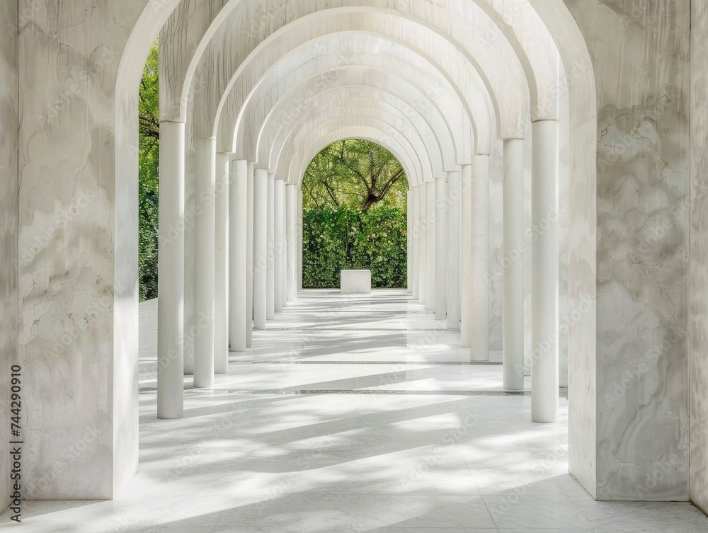 Walkway leading to a white marble arch minimalist poles guiding to the sanctuary