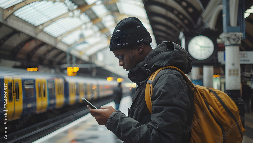 a man looking at his phone at a train station. Generative AI