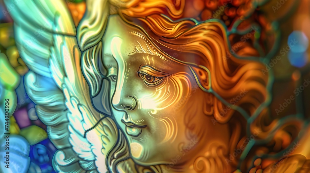 The subtle grace of an angels smile captured in the nuanced colors of a small stained glass panel