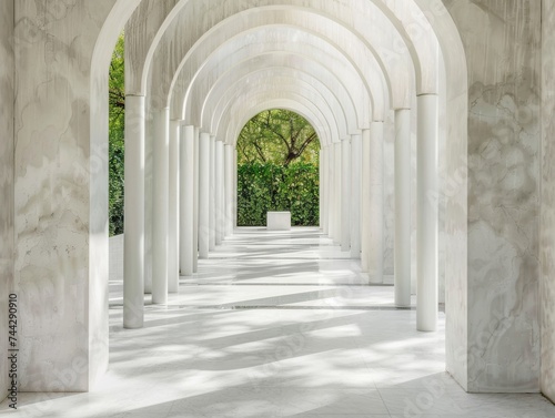 Walkway leading to a white marble arch minimalist poles guiding to the sanctuary