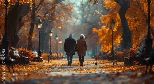 Amidst the autumn fog, two lovers stroll hand in hand through a leaf-strewn forest, their clothing blending with the warm hues of the deciduous trees and twinkling lights, lost in the beauty of natur