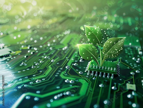 Eco friendly PCB with microchips green tech concept for sustainable technology backgrounds photo