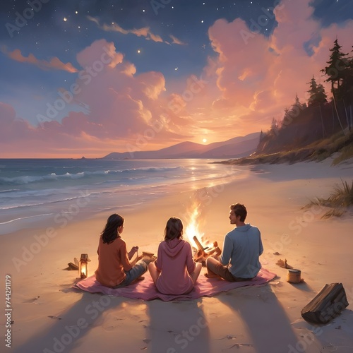 couple sitting on beach at sunset