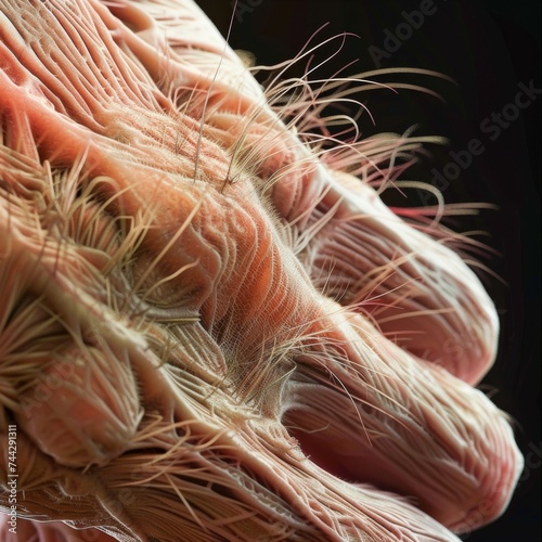 Close up of a human hand displaying its skin layers and hairs using a scientific anatomical style photo