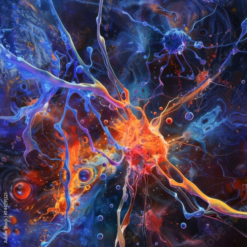 A vivid depiction of a neurological synapse at workStylized interpretation of neural networks within the brain photo