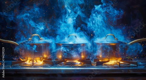 The pots danced on the fiery stove, their metallic forms a reflection of the raw power of nature's elements