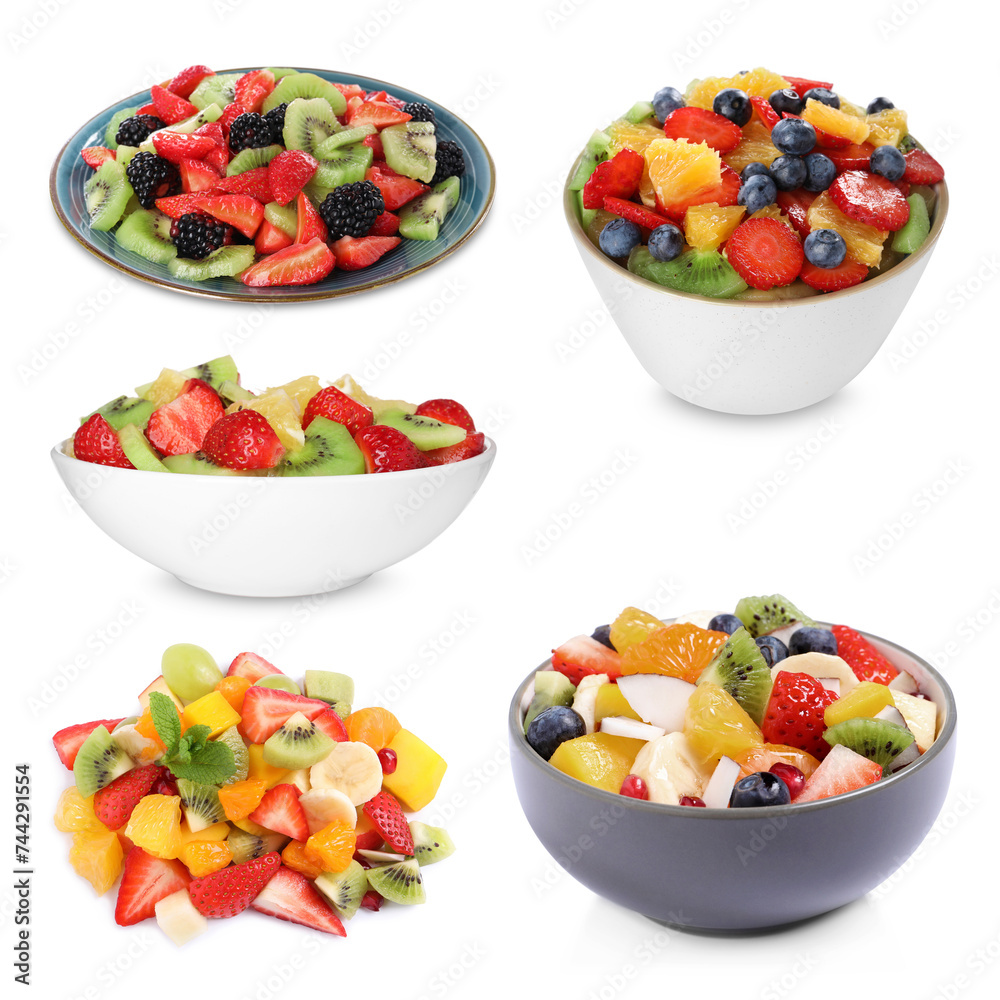 Fruit salad, collection. Mixed fresh berries and fruits isolated on white