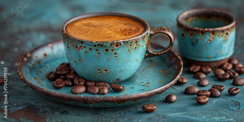 A steaming cup of rich, aromatic coffee, adorned with roasted beans, sits atop a delicate saucer, inviting me to indulge in its energizing warmth photo