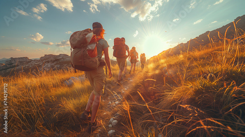 Group of friends on a country walk on a summer day. Young people hiking in the countryside, summer countryside sunset, backpackers hiking in the meadow photo