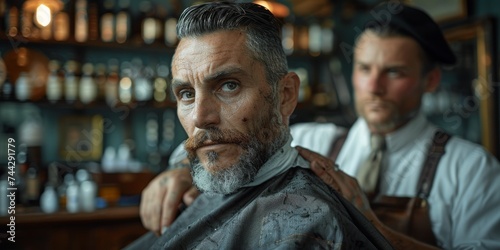 A dapper gentleman with a well-groomed beard and mustache sits comfortably in a traditional barber shop, surrounded by neatly organized shelves of hair products and wearing stylish glasses, exuding c © Larisa AI