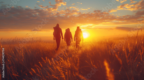 Group of friends on a country walk on a summer day. Young people hiking in the countryside, summer countryside sunset over the meadow