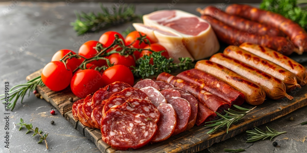 Assorted cured meats and fresh tomatoes on rustic wooden board