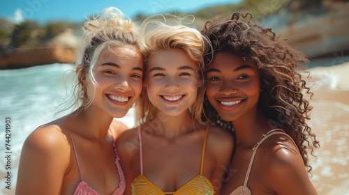 diverse three young female friends walking on the seashore looking at the camera and laughing. Multiracial young women strolling along a beach