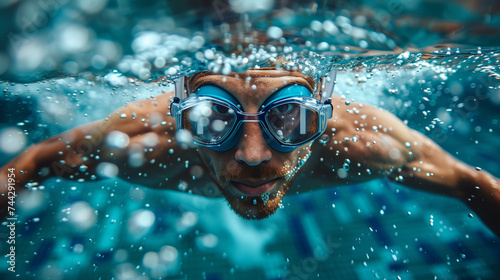 Top View Male Swimmer Swimming in Swimming Pool. Professional Determined Athlete Training for the Championship, using Butterfly Technique. underwater view shot