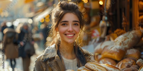 A vibrant woman with a contagious smile stands confidently in a bustling outdoor market, adorned in stylish clothing as she browses through a variety of delectable food items at a charming street sto photo