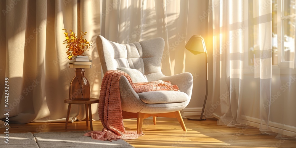 Sunlit cozy corner with a stylish armchair perfect for peaceful reading and relaxation - obrazy, fototapety, plakaty 