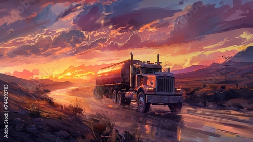 Cargo truck driving through the landscape at sunset, nature background photo