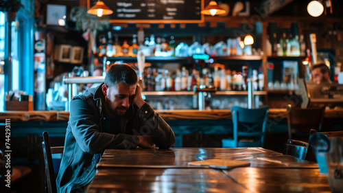 Man sitting alone in a bar looking distressed representing loneliness, contemplation, stress, and reflection.