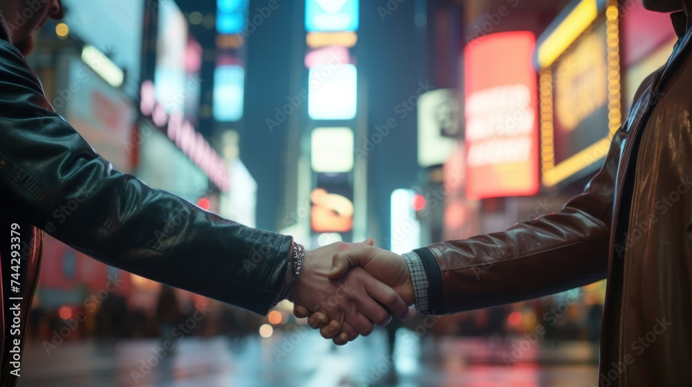 Close-up view of handshaking between two business man with city background. Close-up view of handshaking between two business man with city background.