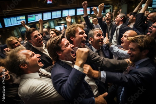Happy trader at work with joyful facial expression. Finance and investment theme concept.