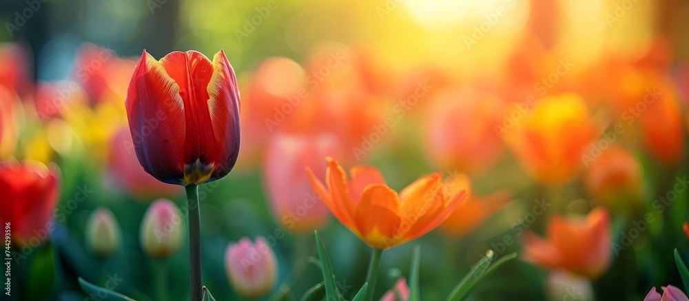 Vibrant Tulip Garden with Fresh Blooming Tulips in Various Colors
