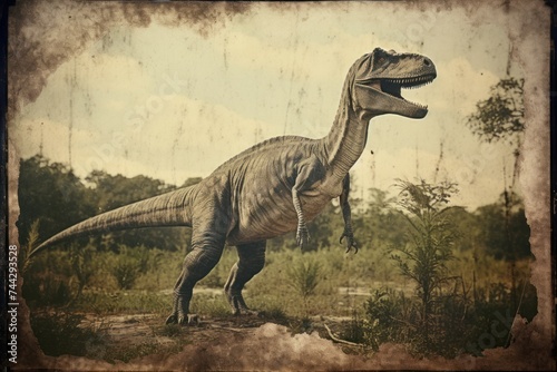 Vintage photo of a dinosaur stands in prehistoric environment. Photorealistic.