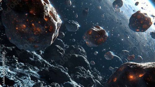 Close-up view of asteroid floating in space in large quantity.