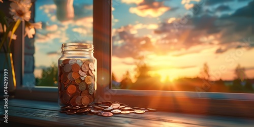 Savings jar overflowing with coins on a wooden sill against a sunset backdrop, symbolizing financial growth photo