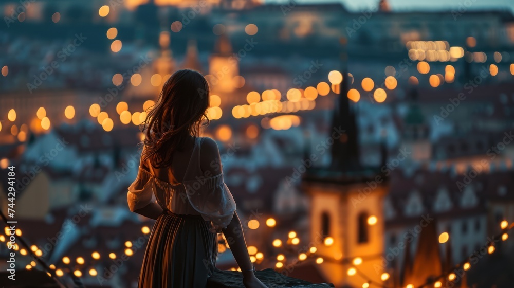 A graceful lady standing with a view of historic buildings in the city of Prague, Czech Republic in Europe. - obrazy, fototapety, plakaty 