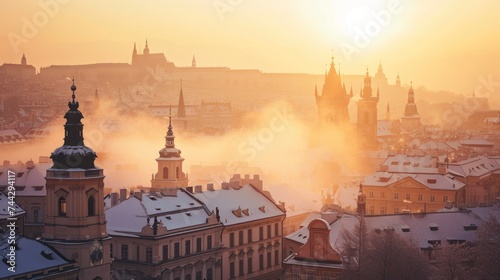 Beautiful historical buildings in winter with snow and fog in Prague city in Czech Republic in Europe.