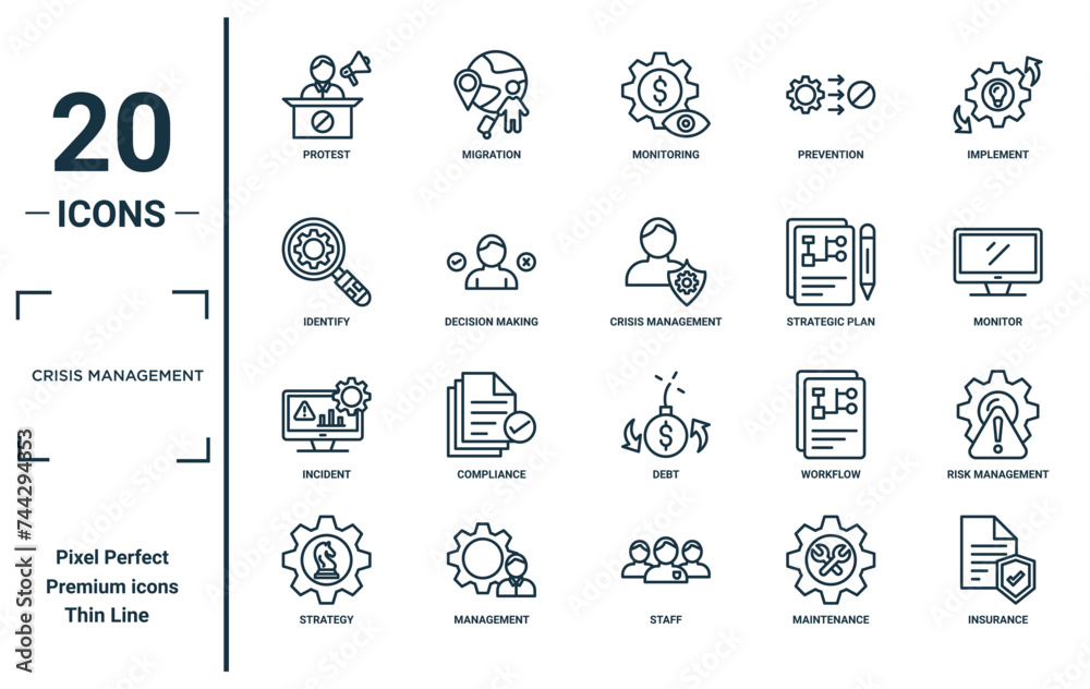 Vektorová grafika „crisis management linear icon set. includes thin ...