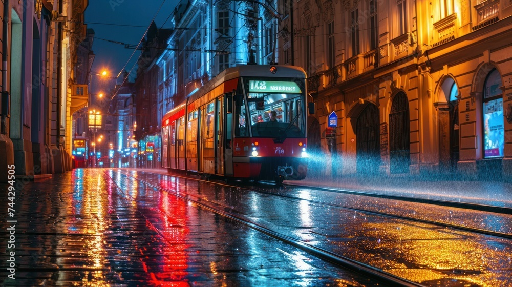 A tram at night in the street of Prague. Czech Republic in Europe. - obrazy, fototapety, plakaty 