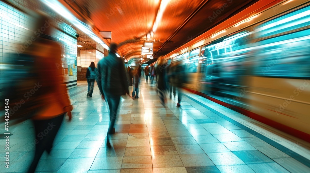 Motion blurred view of subway station with passengers in the city of Prague, Czech Republic in Europe.