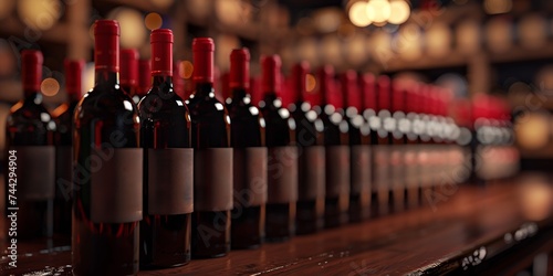 Premium red wine bottles in a row with atmospheric cellar lighting