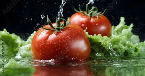 Fresh tomatoes and crisp lettuce are met with a dynamic splash of water, emphasizing the freshness and vitality of the ingredients.