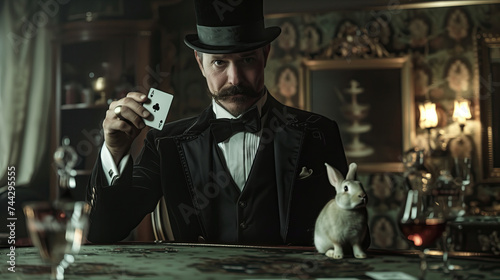 Magician sitting at a table with a rabbit, performing a magic trick, holding an ace, mustache, top hat