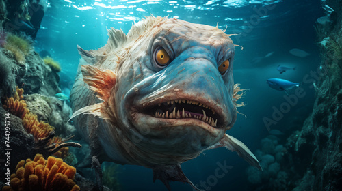 Scary monster fish, underwater, fantasy, illustration