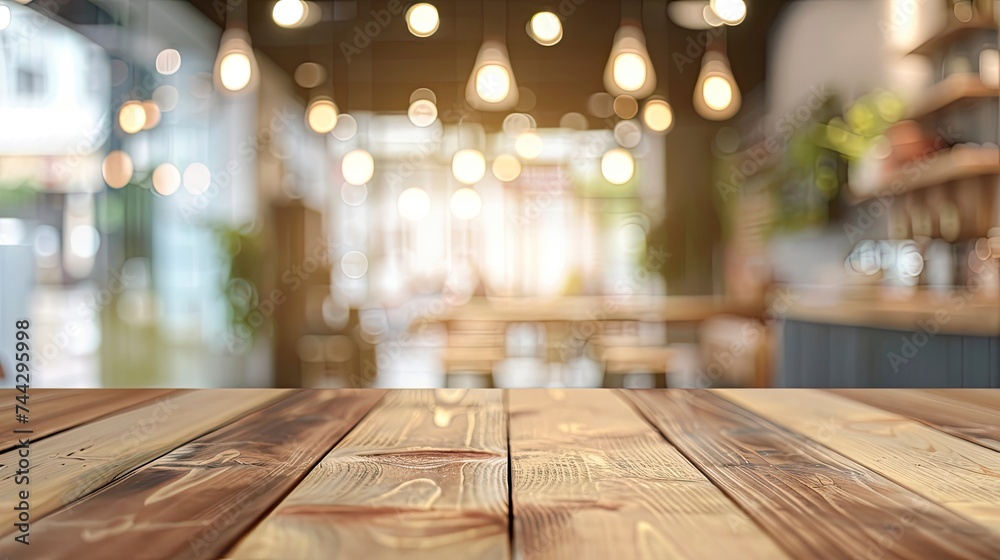 Empty beautiful wood table top counter and blur bokeh modern interior background in clean and bright,Banner, Ready for product montage - generative ai