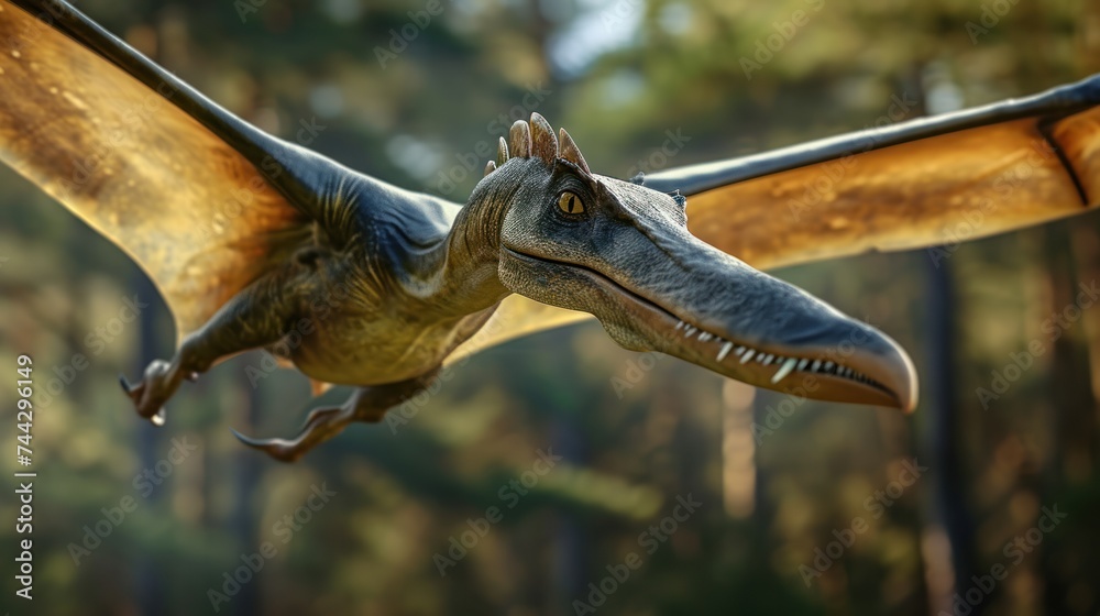 Fototapeta premium Flying dinosaur, Pterodactyl, flying high in sky in prehistoric environment. Photorealistic.