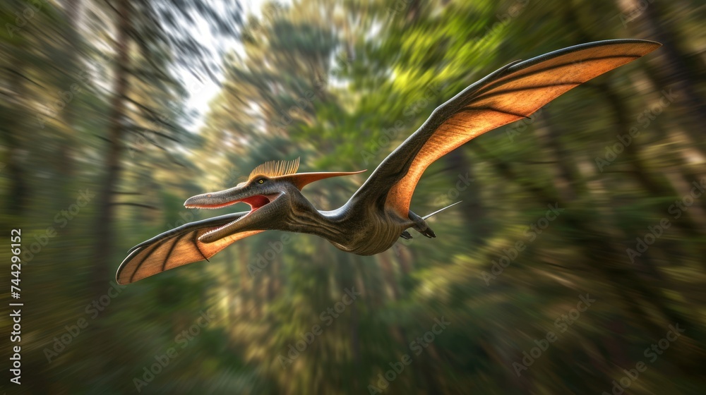 Fototapeta premium Flying dinosaur, Pterodactyl, flying fast in prehistoric forest. Photorealistic.
