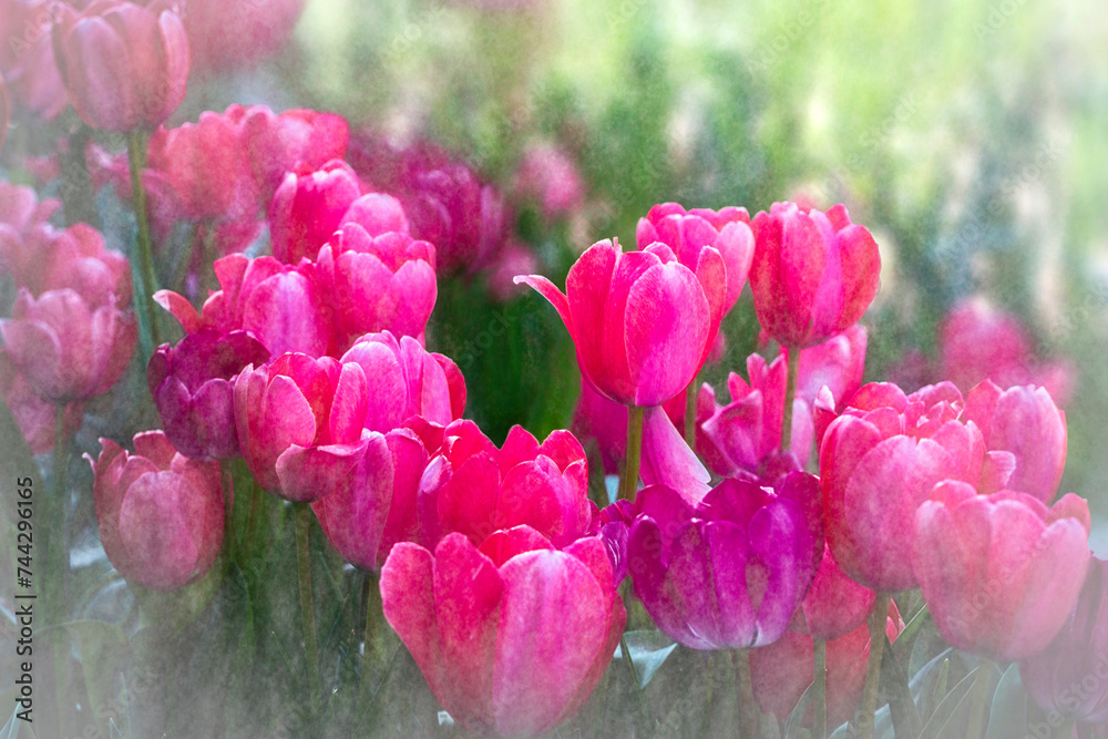 Beautiful pink tulips on vintage texture.