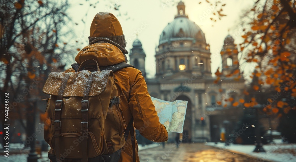 A solitary figure, bundled against the chill of winter, gazes up at a towering statue amidst the bustling city streets, map in hand and backpack at their feet