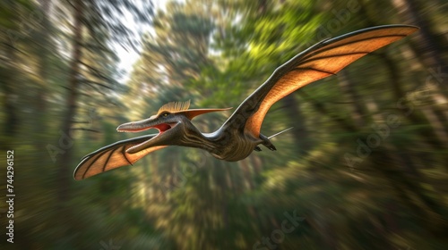 Flying dinosaur, Pterodactyl, flying fast in prehistoric forest. Photorealistic.