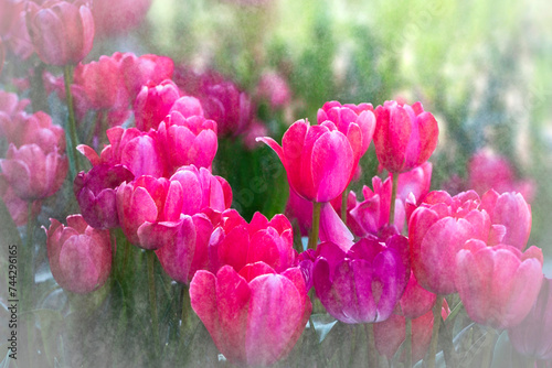  Beautiful pink tulips on vintage texture.