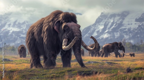 A group of mammoth walking in grass land in ancient prehistoric enviroment.