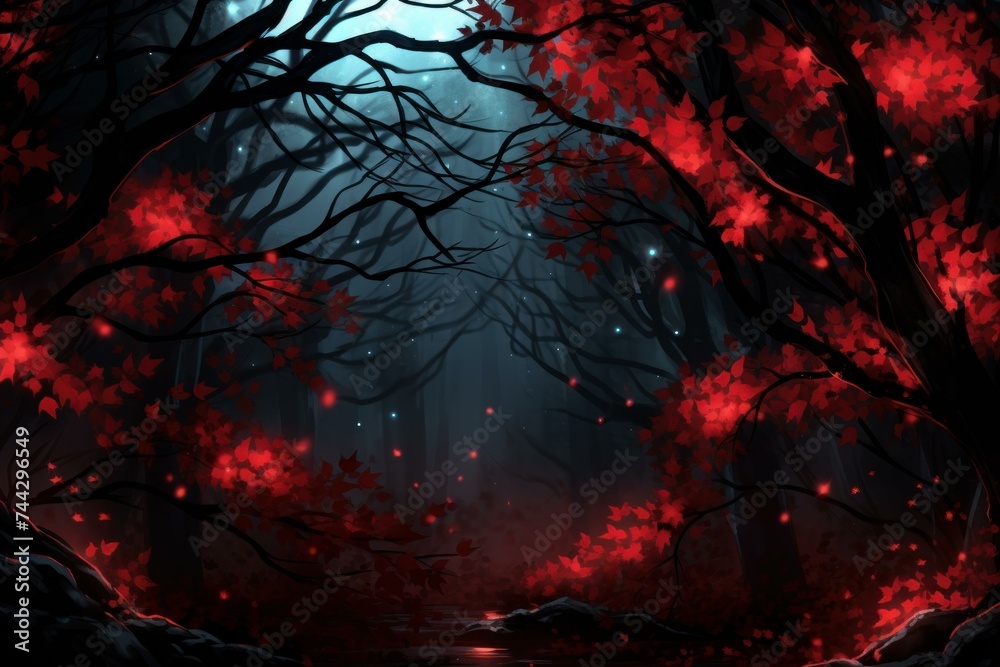 Red leaves night foliage. Summer fantasy. Generate Ai Red leaves night foliage. Summer fantasy. Generate Ai