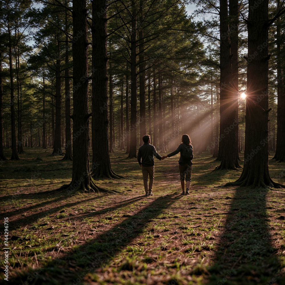A couple is walking in the woods, holding hands as the sun shines through the trees. ai generative