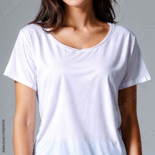 A woman wearing a white scoop neck shirt. ai generative
