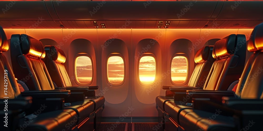 Premium cabin seats in warm sunset glow inviting comfortable air travel - obrazy, fototapety, plakaty 