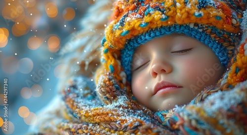 A peaceful slumber in a cozy bonnet, a tiny human face hidden in a knitted embrace photo